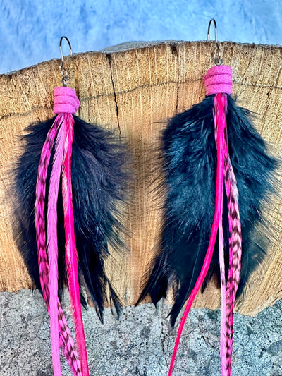 The Priscilla – 8 inch Black and Pink Feather Earrings