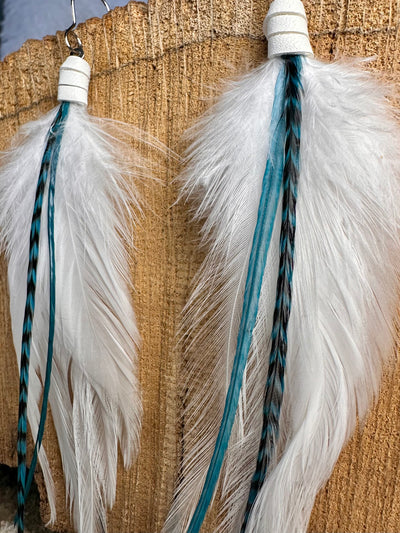 White and Turquoise 4 inch Handmade Mini Feather Earrings