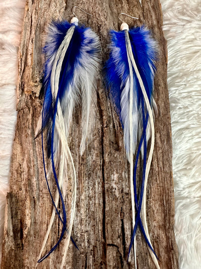 8 inch Blue and White Handmade Sports Feather Earrings