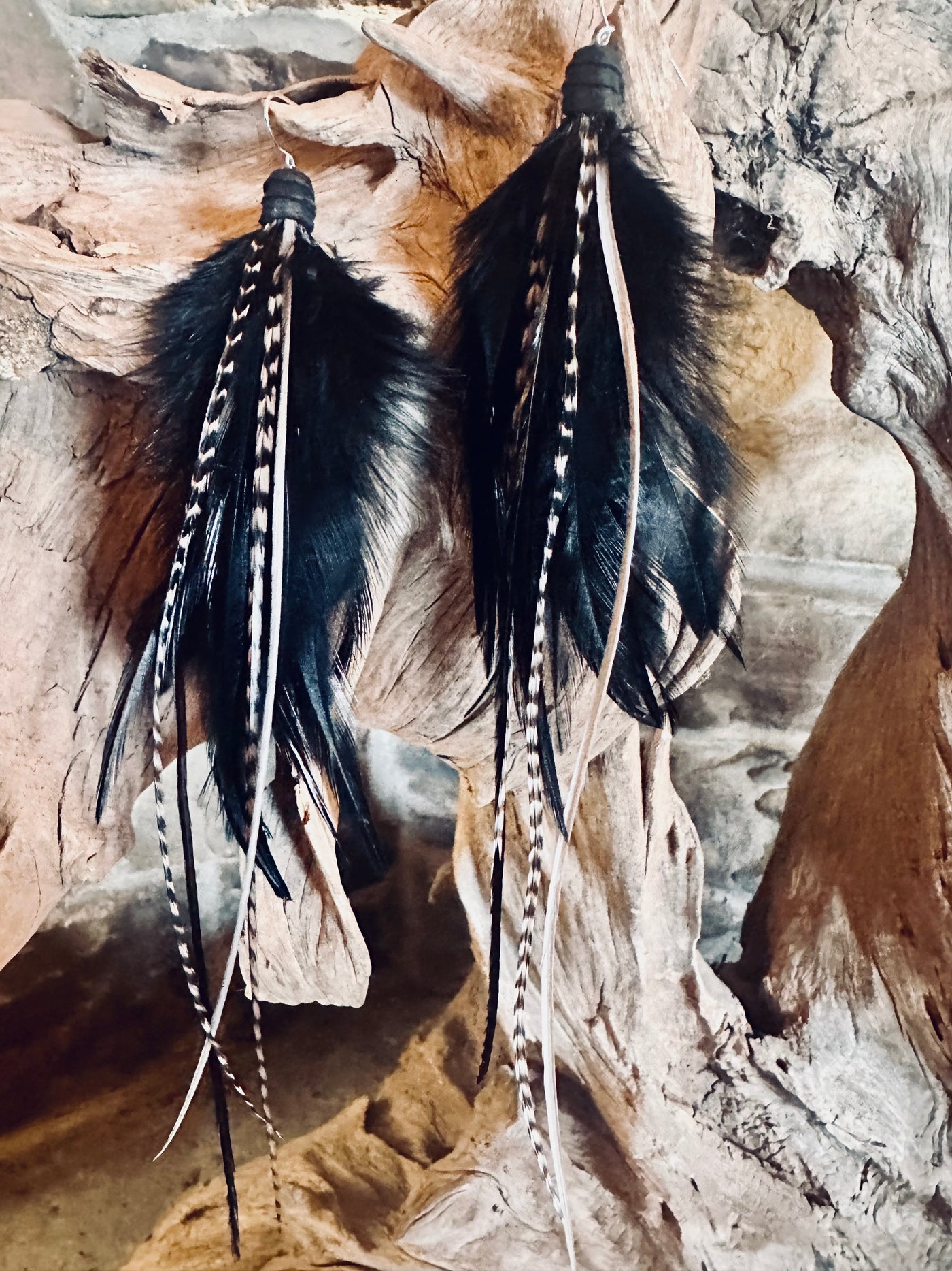 The Sofia – 8 inch Black & White Handmade Minimalist Feather Earrings