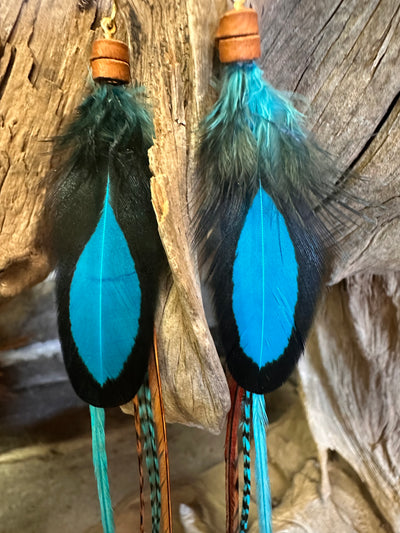 The Nicole – 8 inch Turquoise & Brown Handmade Long Feather Earrings
