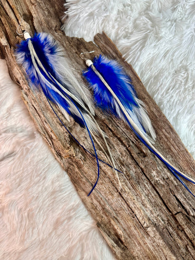 8 inch Blue and White Handmade Sports Feather Earrings