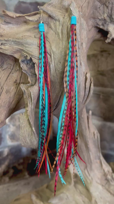 8 Inch Beautiful Handmade Turquoise, Brown and Red Feather Grizzly Earrings