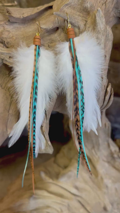The Iceland – 8 inch Turquoise and Brown Handmade Unique Feather Earrings