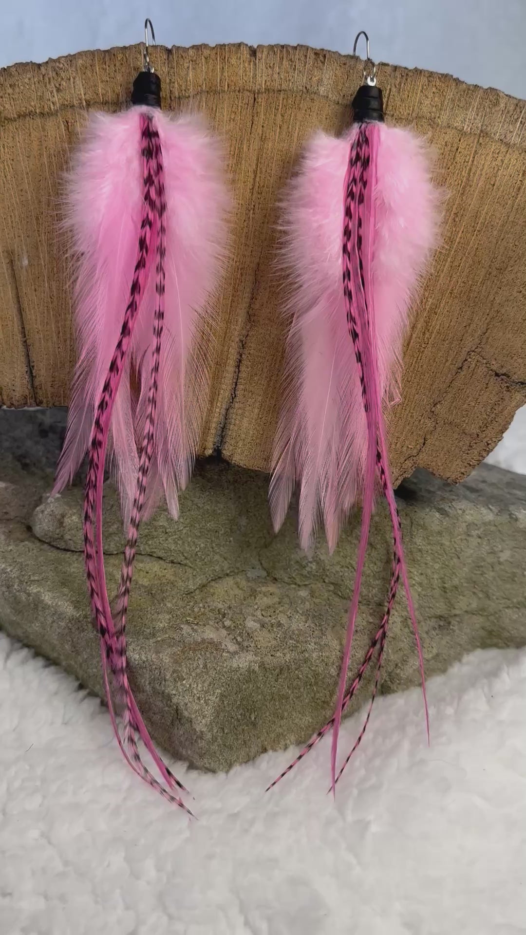 The Regina – 8 inch Pink, White & Grizzly Handmade Hypoallergenic Feather Earrings