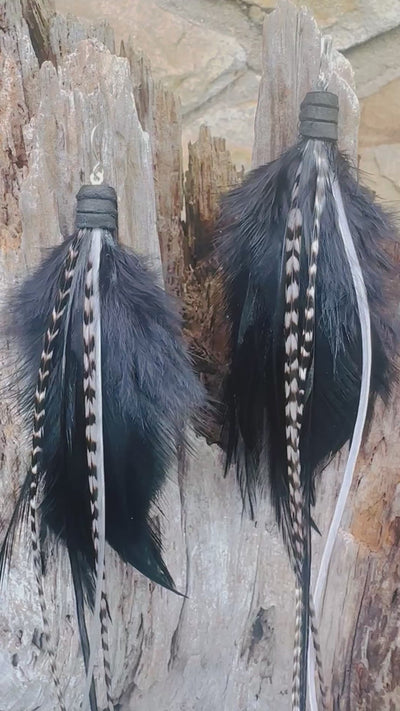 The Sofia – 8 inch Black & White Handmade Minimalist Feather Earrings