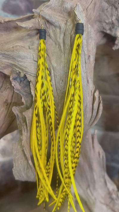 8 inch Beautiful Handmade Everyday Yellow and Black Feather Grizzly Earrings