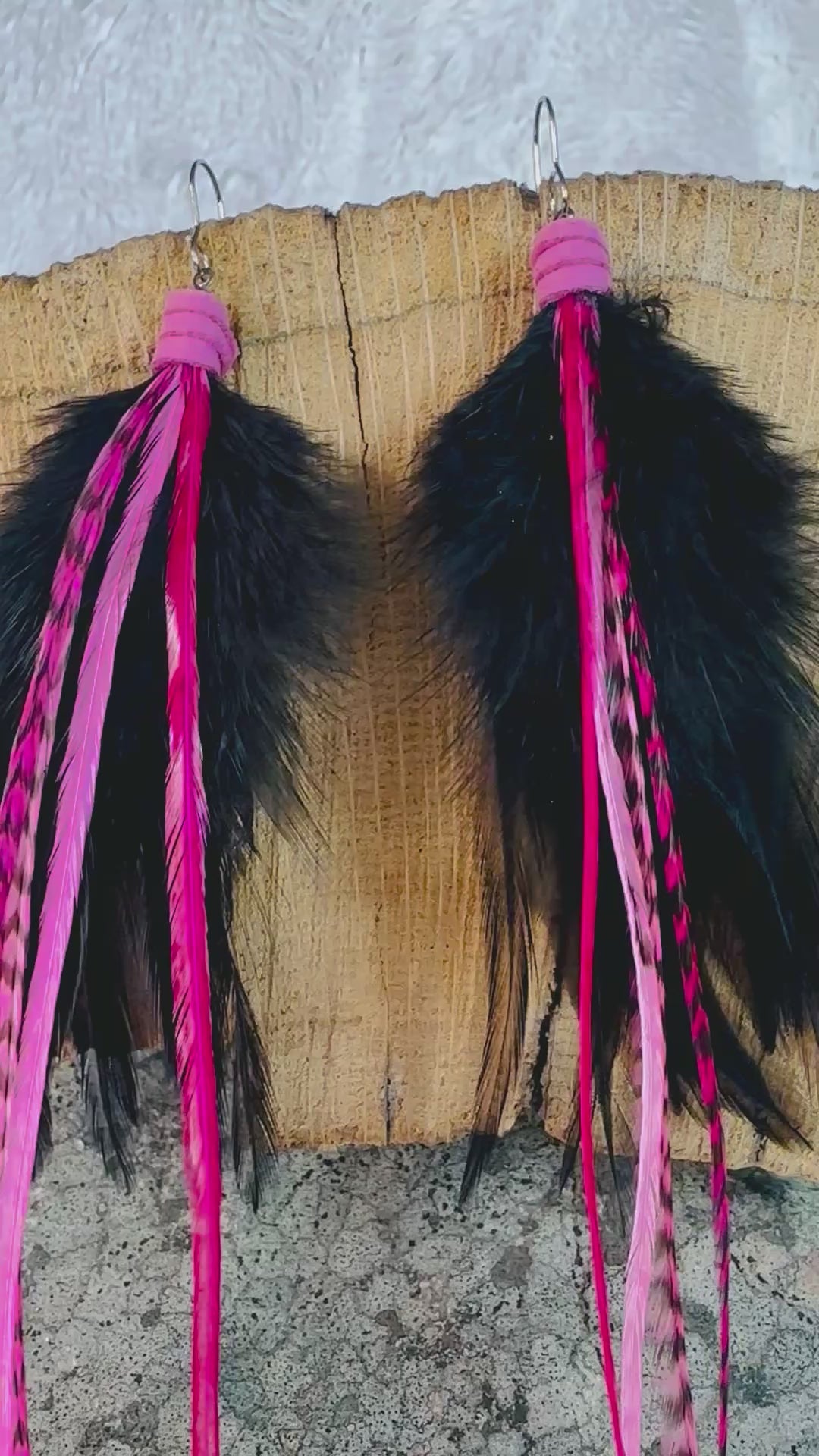 The Priscilla – 8 inch Black and Pink Feather Earrings