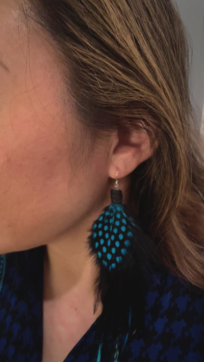 The Tess – 8 inch Black & Turquoise Handmade Showstopper Feather Earrings