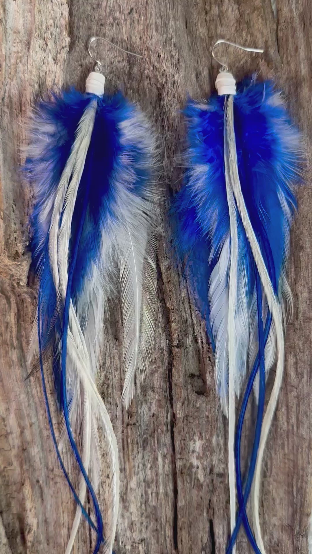 8 inch Blue and White Handmade Sports Feather Earrings