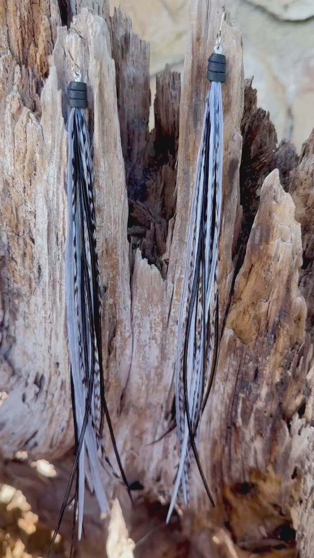 8 inch Beautiful Handmade Everyday Black and Gray Feather Grizzly Earrings