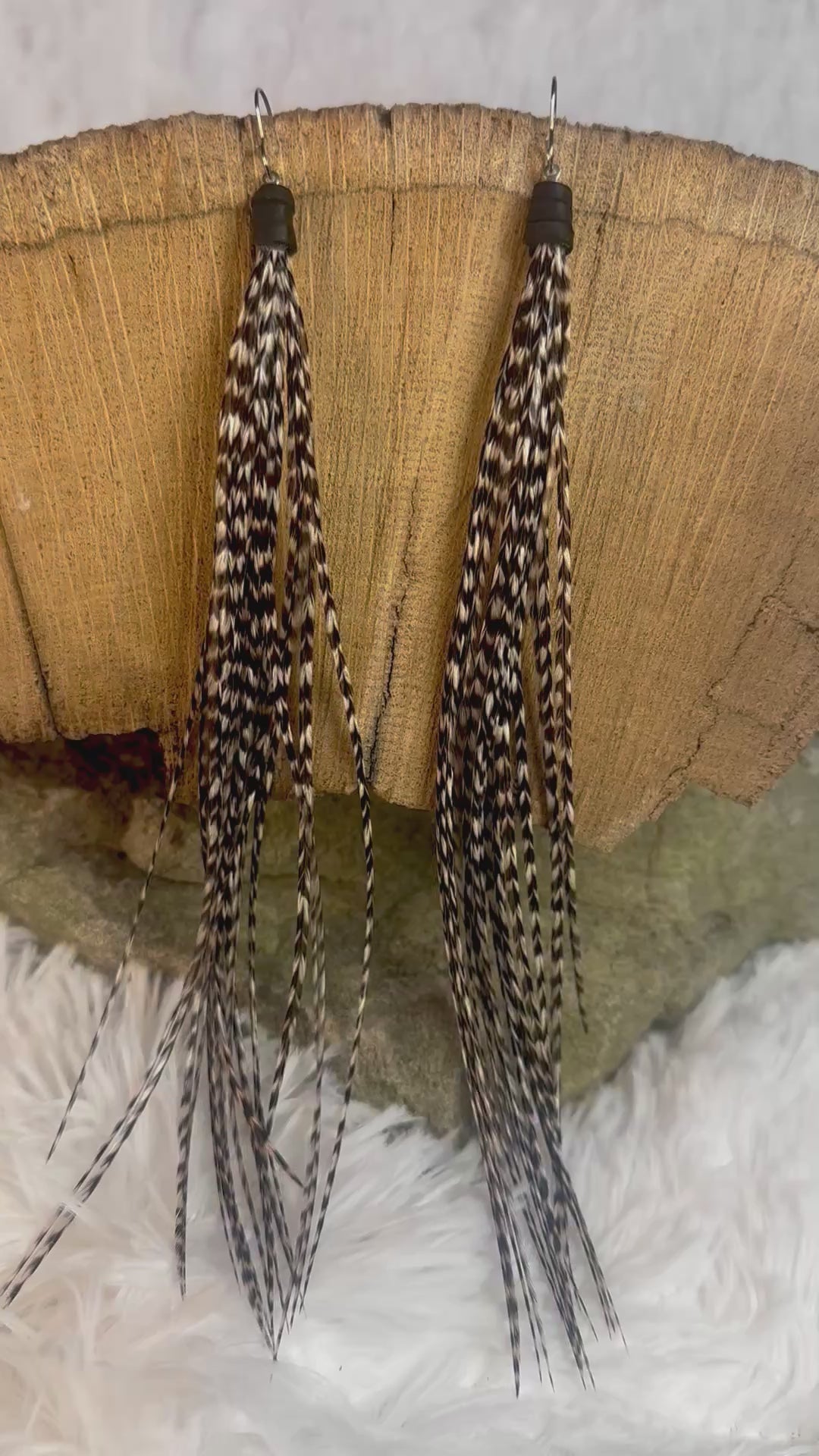 The Roe – 8 inch Beautiful Handmade Everyday White and Black Feather Grizzly Earrings