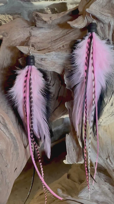 The Vicki – 8 inch Pink & Black Handmade Flowy Feather Earrings