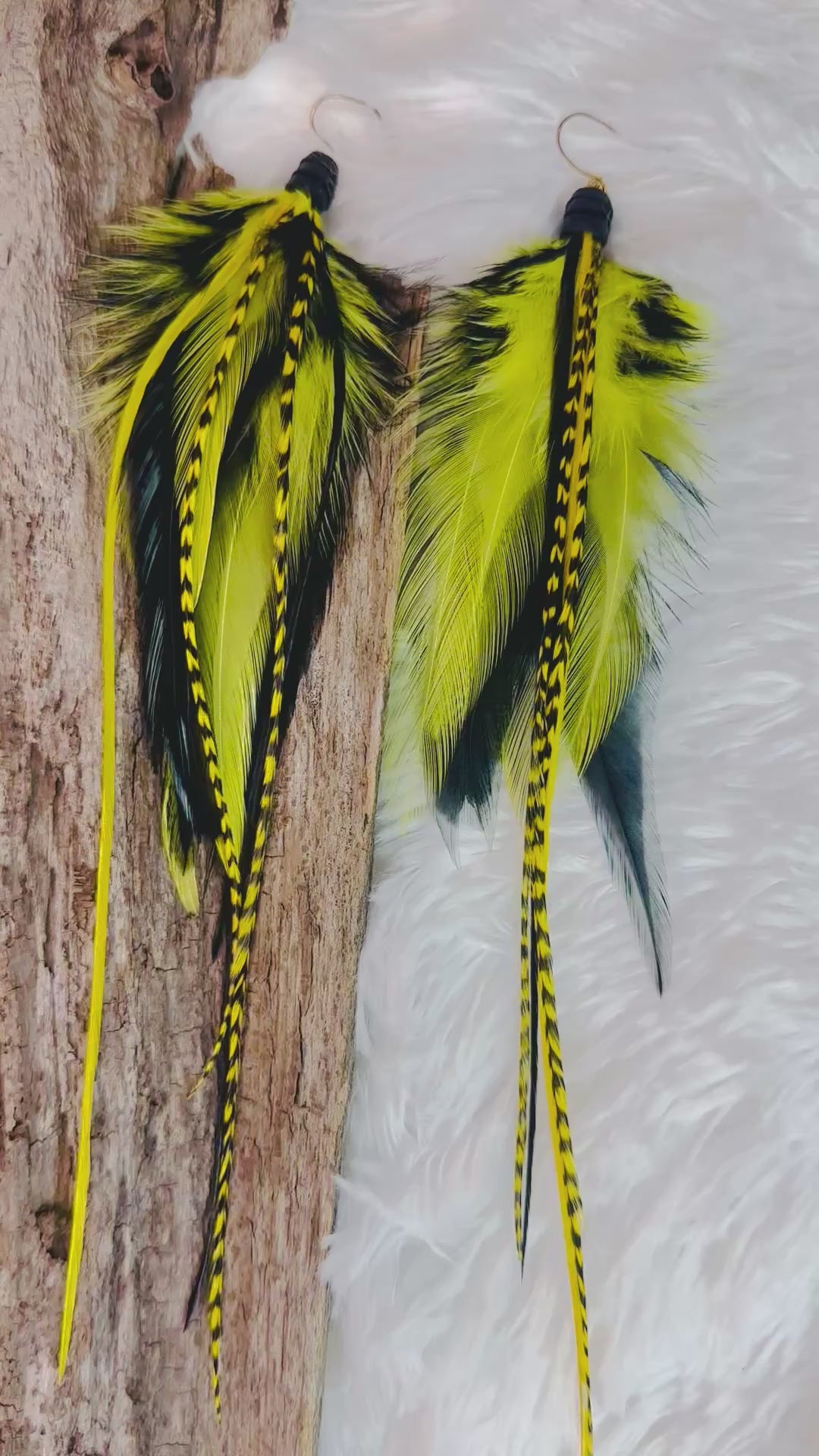 8 inch Black and Yellow Handmade Sports Feather Earrings