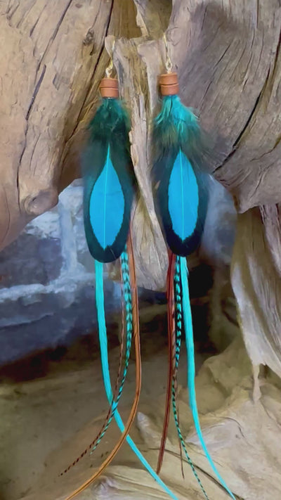 The Nicole – 8 inch Turquoise & Brown Handmade Long Feather Earrings