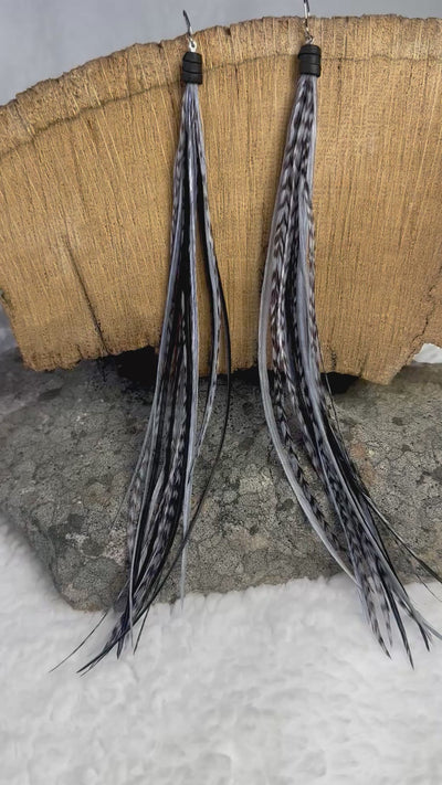 8 inch Beautiful Handmade Everyday Black and Gray Feather Grizzly Earrings