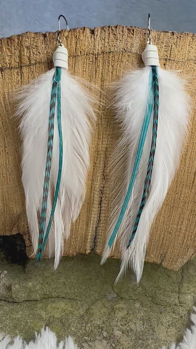 White and Turquoise 4 inch Handmade Mini Feather Earrings
