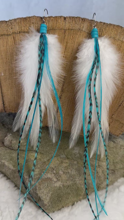 The Evelyn  – Striking 8 inchHandmade White and Turqouise Feather Earrings