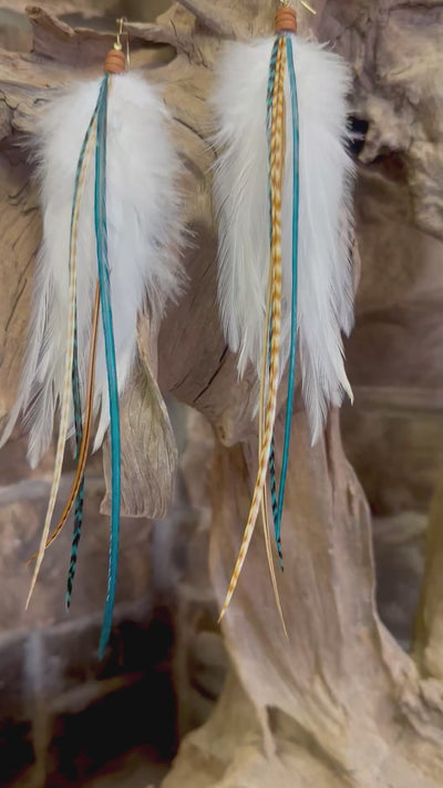 The Arizona– 8 inch Teal and Ginger Handmade Unique Feather Earrings