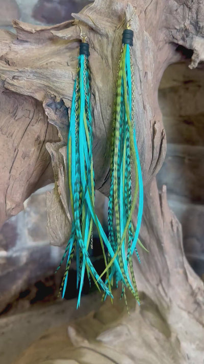 8 Inch Beautiful Handmade Turquoise and Green Feather Grizzly Earrings