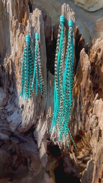 8 Inch Beautiful Handmade Turquoise, White and Black Feather Grizzly Earrings