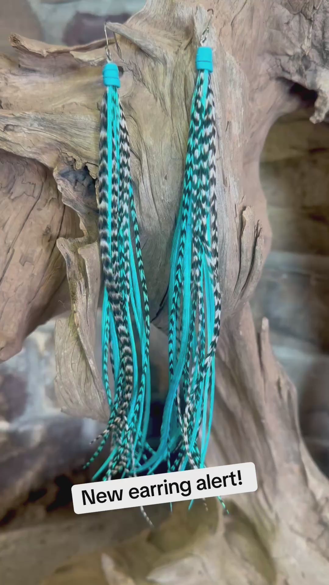 8 Inch Beautiful Handmade Turquoise, White and Black Feather Grizzly Earrings