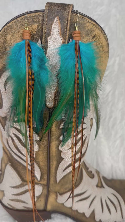 The Lynn – 8 inch Turquoise and Brown Handmade Customizable Feather Earrings